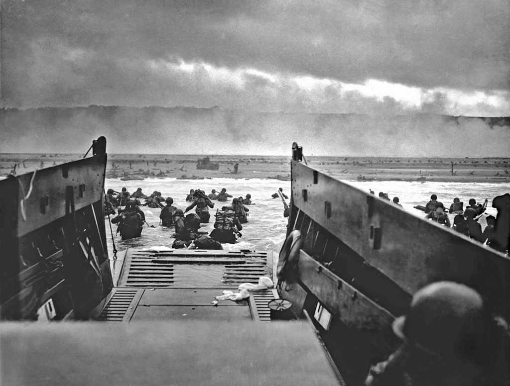 A famous image of U.S. troops landing during the Invasion of Normandy.