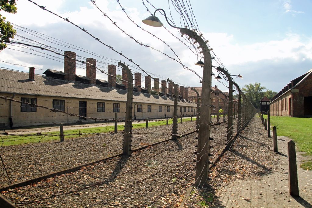 A current day image of a concentration camp from the Holocaust during World War II.