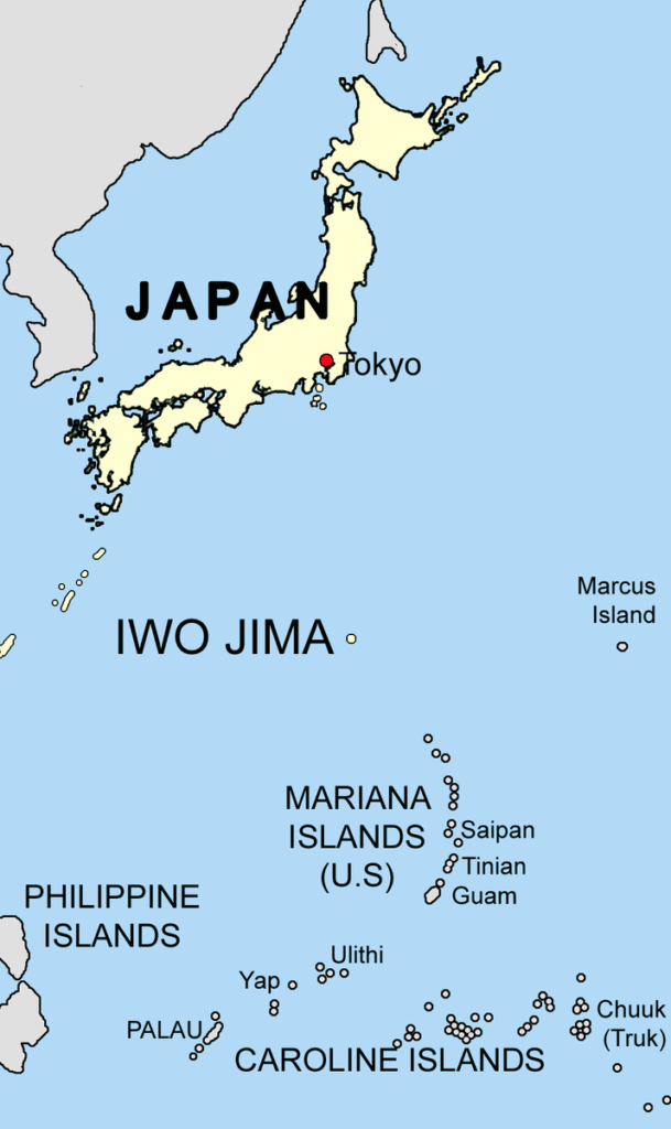 A map shows the tiny island of Iwo Jima next to Japan.