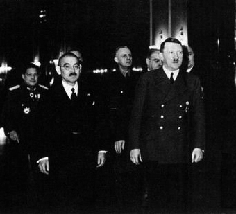 Japanese foreign minister Yosuke Matsuoka visits Adolf Hitler in 1941. Both of these countries were part of the Axis Powers in World War II.