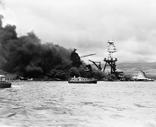 The USS Arizona burns after the attack on Pearl Harbor.