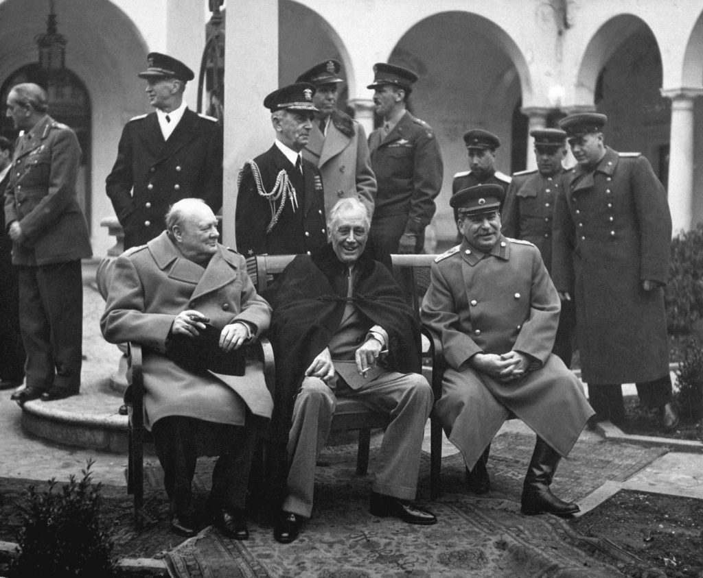 Prime Minister Winston Churchill, U.S. President Franklin Roosevelt, and Soviet leader Joseph Stalin meet in Yalta.